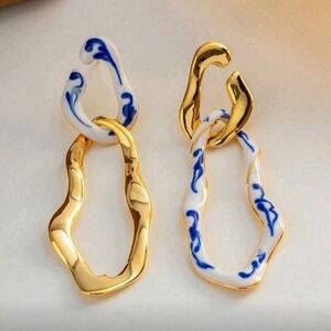 NEW! Gold Plated Abstract Asymetrical Porcelanite Blue Enamel Post Earrings